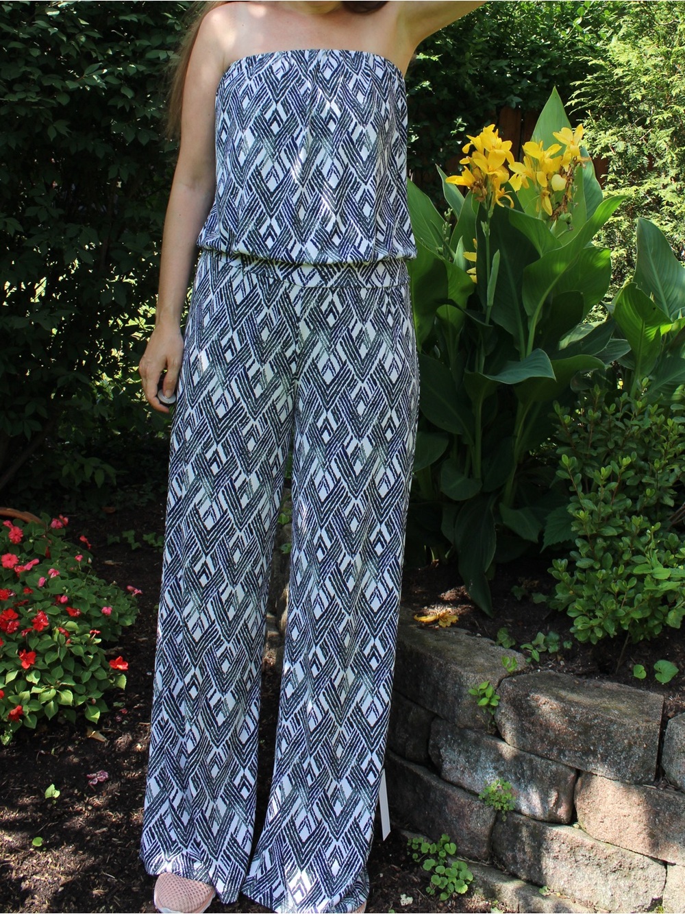 Veronica M Strapless Wide-Leg Jumpsuit in Black & White Geometric
